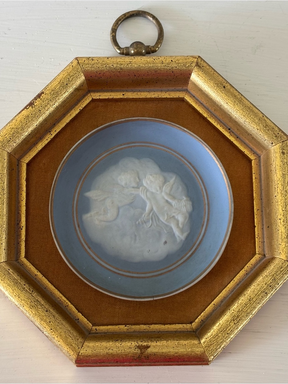 Framed Blue Jasperware Cherub Plaque in Gilded Octagon Frame